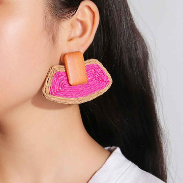 raffia and wood earrings | trapezoid geometric shape